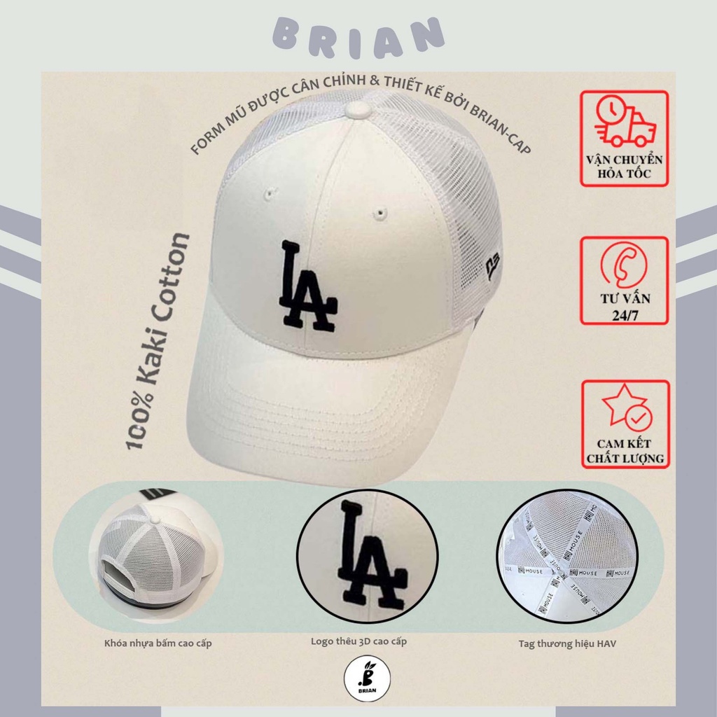 Mũ lưỡi trai lưới trắng MLB thêu chữ LA đen Hàn Quốc, nón kết lưỡi trai phong cách thể thao LA, hàng xuất dư.