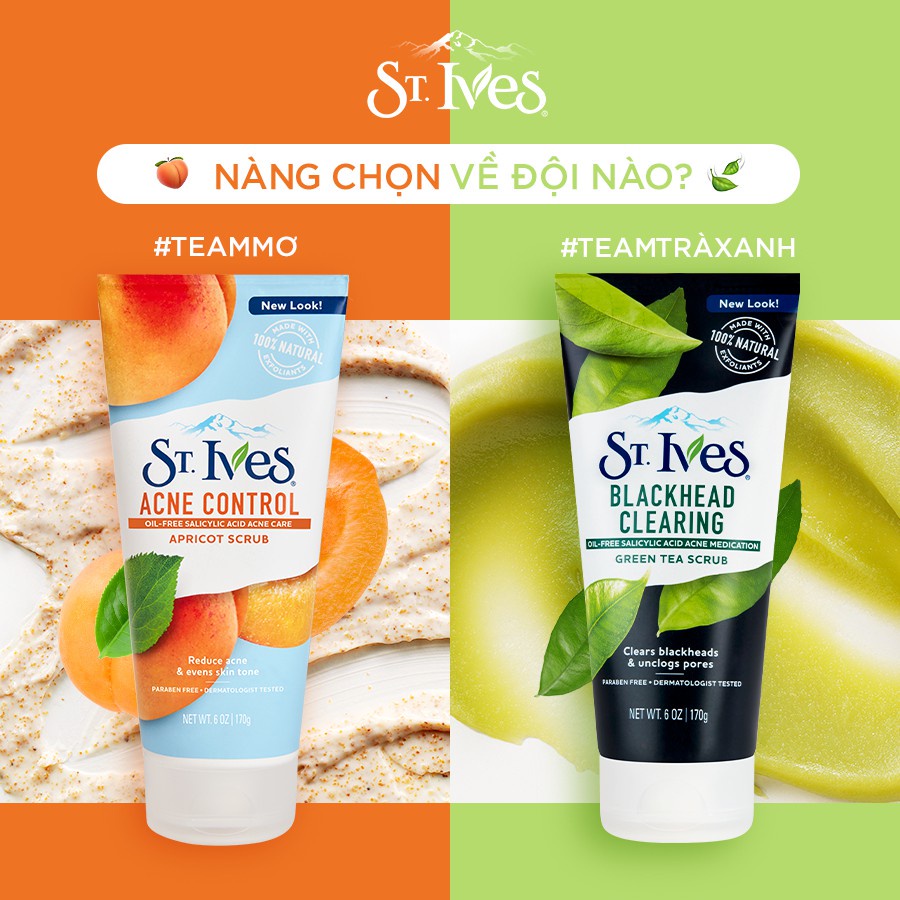 Sữa Rửa Mặt Tẩy Tế Bào Chết Trà Xanh Giảm Mụn Đầu Đen ST.IVES 170g Hasaki Sản phẩm chính hãng