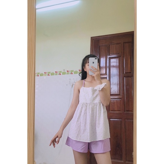 Đồ Bộ Nữ 👚Đồ Bộ Nữ mặc nhà hai dây buộc nơ hoạ tiết hoa nhí - quần ngắn mã QA02 | BigBuy360 - bigbuy360.vn