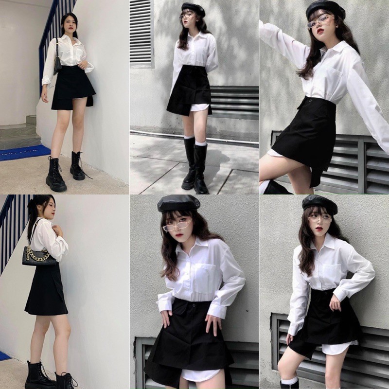 Set Đồ JIKO SET gồm chân váy đen và áo sơ mi trắng mặc được 2 kiểu form chuẩn