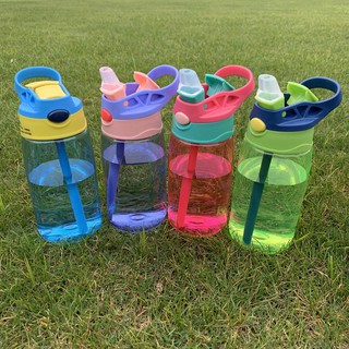 Bình nước nhựa in hình hoạt hình có ống hút cho trẻ em, bình nước thể thao B5 480ml