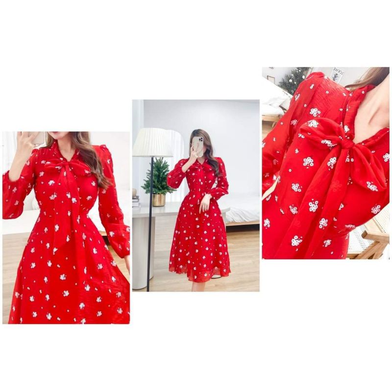 ĐẦM MIDI HOA ĐỎ NƠ CỔ