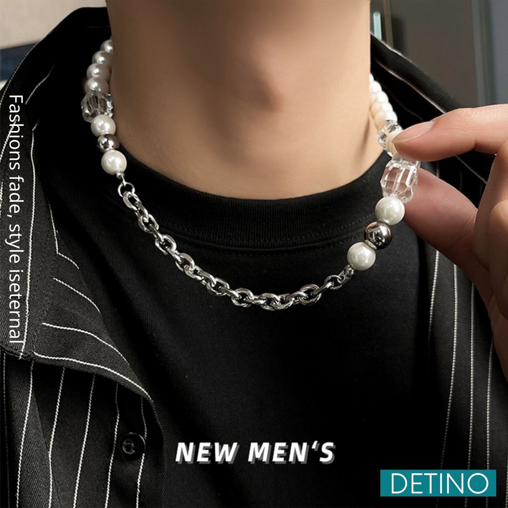 Vòng cổ ngọc trai nhân tạo nam dây chuyền titan hình viên đá unisex hiphop DETINO DC01