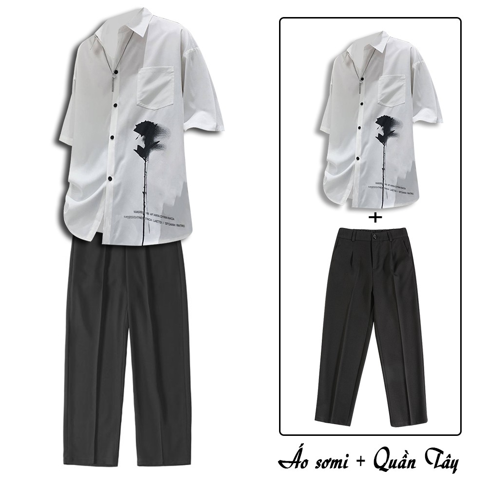 Combo Áo Sơ Mi Ngắn Tay Hoạ Tiết Bông Hồng Kết Hợp Quần Tây Âu Chinos Dáng Baggy ZENKODLMEN SOMI 41 + JOGGER 63