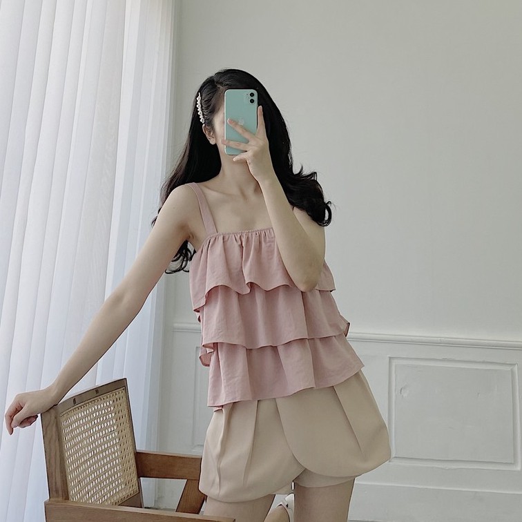 YU CHERRY | Áo hai dây nữ, ba tầng Linen Layer Cami Top YA367