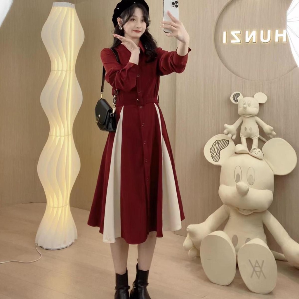 Minority design spelling waist shirt dress 2022 autumn and winter knee-length skirt light extravagant waist skirt