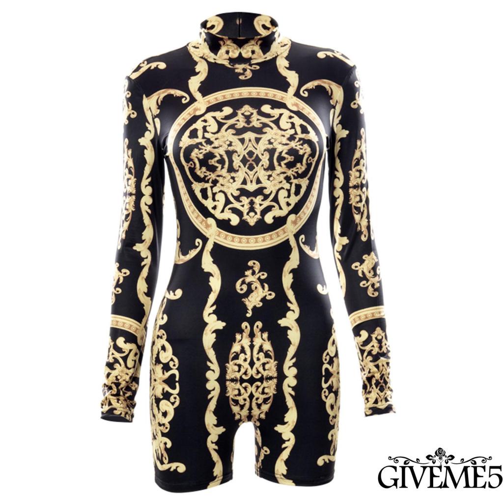 Jumpsuit tay dài cổ cao in họa tiết quyến rũ thời trang dành cho nữ