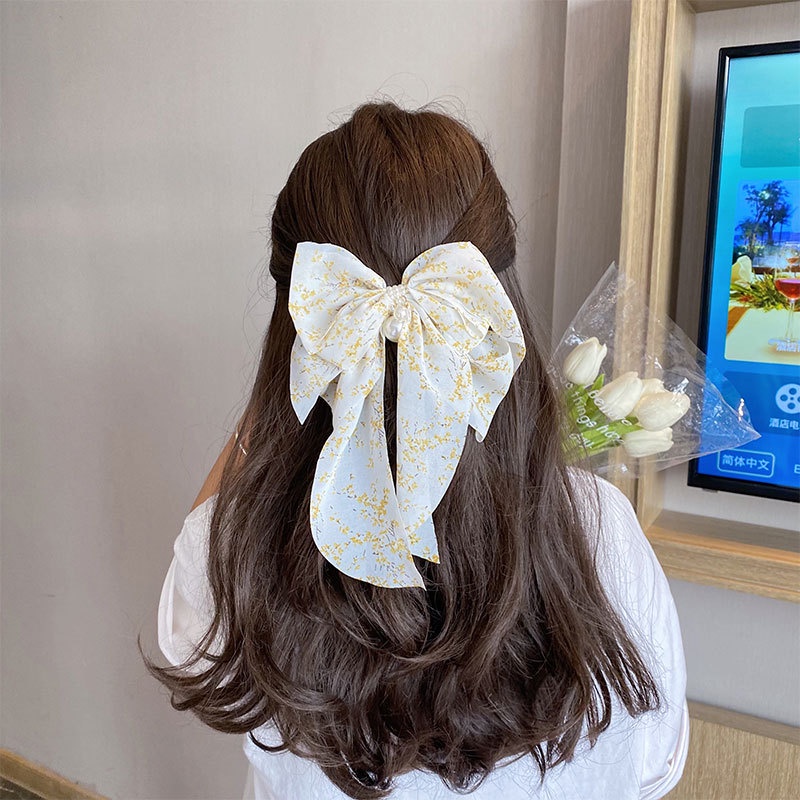 Kẹp Tóc Mỏ Vịt Thắt Nơ Lưng Bằng Vải In Họa Tiết Hoa Nhỏ Ngọt Ngào Cho Nữ