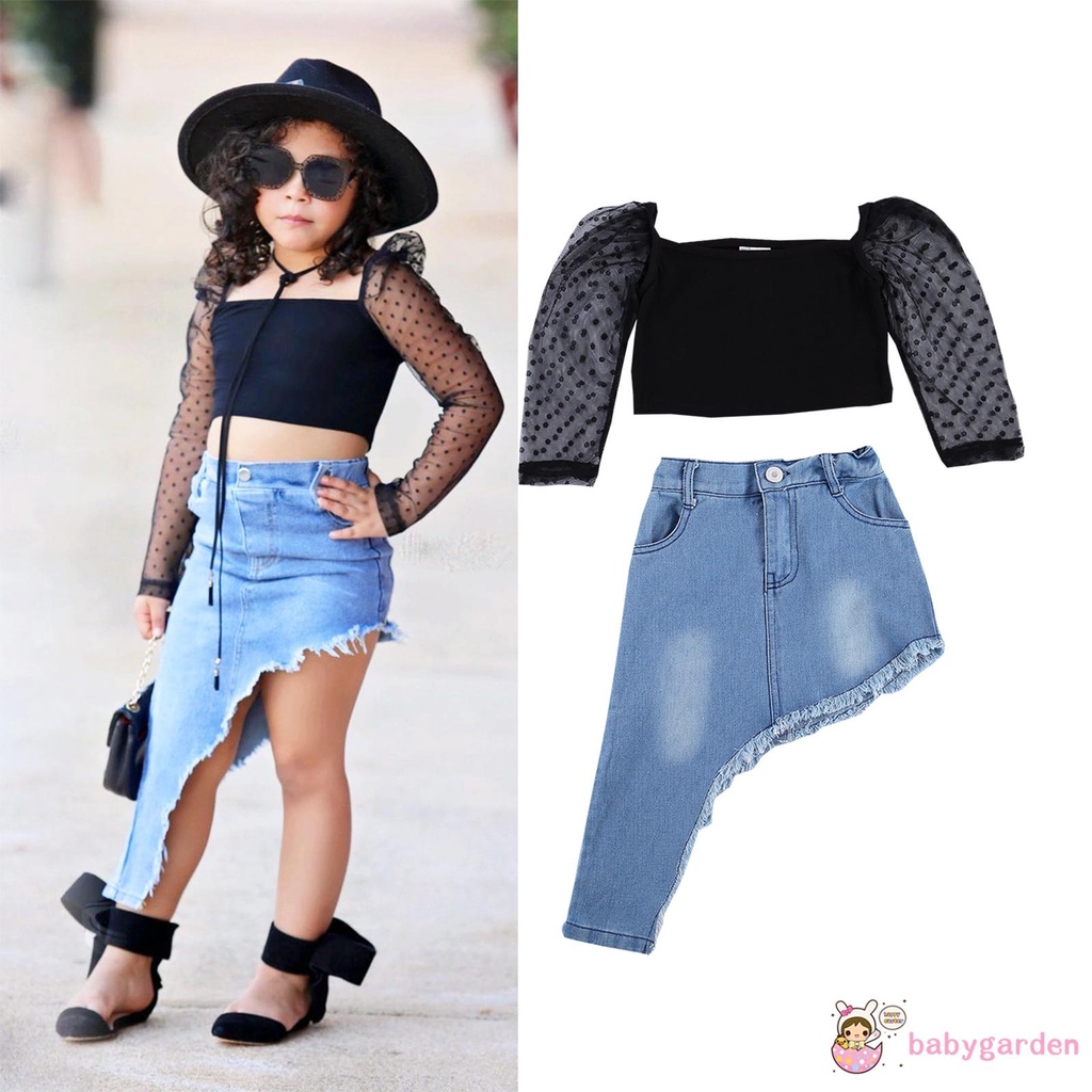 Áo Crop Top Tay Dài Xuyên Thấu Chấm Bi + Chân Váy Cho Bé Gái