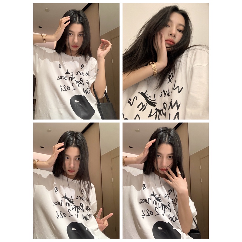 Áo Thun Cotton Cổ Tròn Ngắn Tay Dáng Rộng In Hình Trái Tim Thời Trang Cá Tính 49903