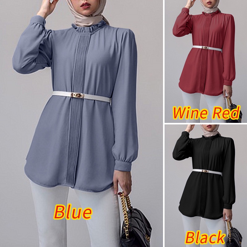 Áo kiểu ZANZEA dáng rộng tay phồng màu trơn phong cách Hồi giáo retro thời trang cho nữ