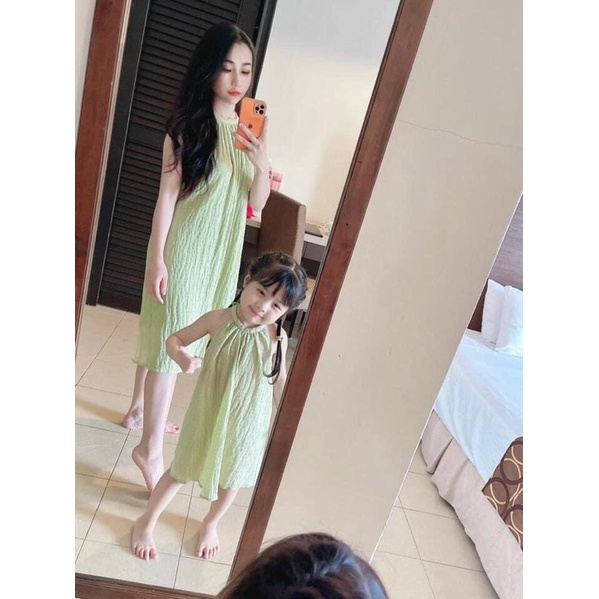 Đầm Maxi Xanh cốm Đi Biển, Đầm Đôi Mẹ Bé