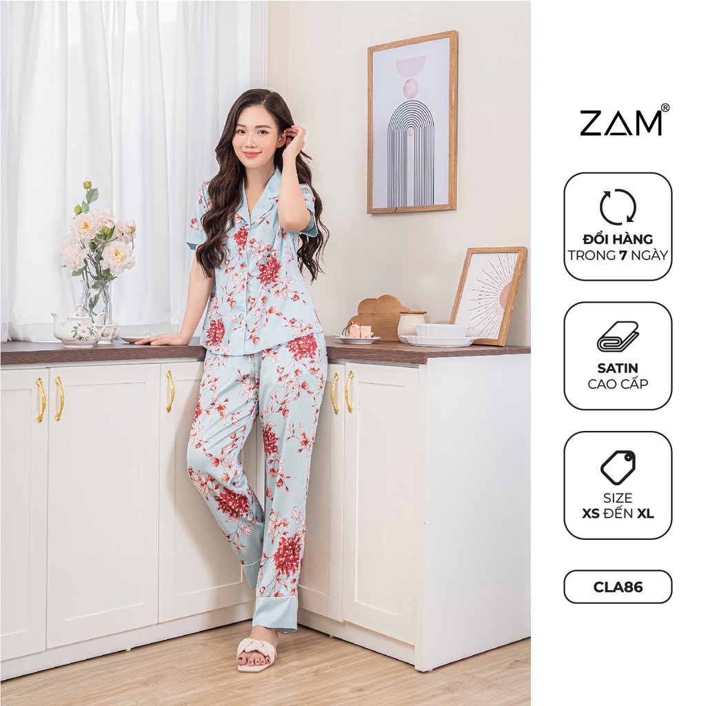 Bộ Pyjama satin ZAM Luxury CLA86 áo ngắn tay quần dài hoạ tiết
