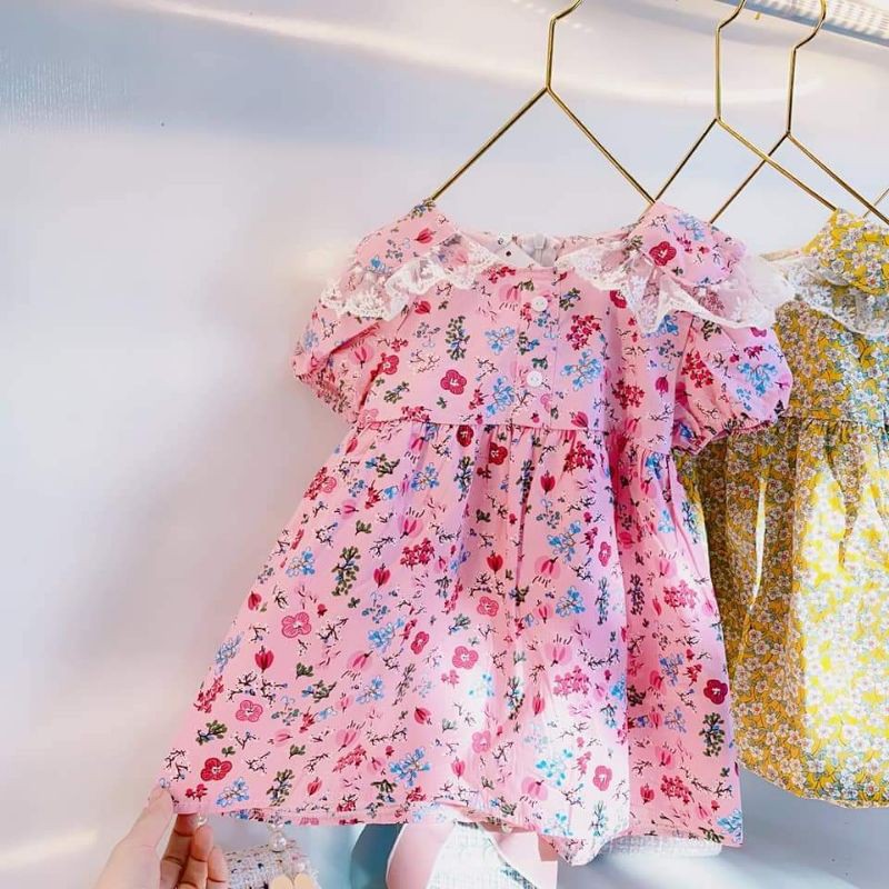 Váy Hoa Nhí Đính Ren Cho Bé Gái - Chất Thô Mềm, Mát.