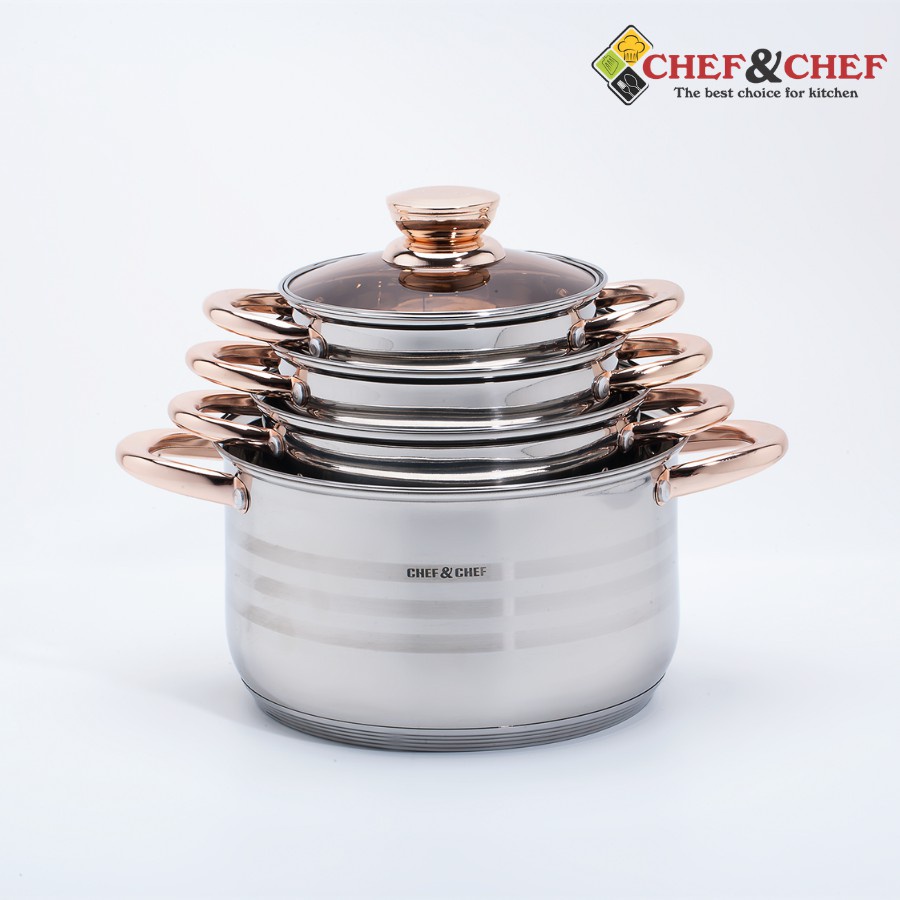 BỘ NỒI 6 MÓN VUNG KÍNH CHEF&amp;CHEF ĐÁY TỪ 5 LỚP CÔNG NGHỆ ĐỨC CAO CẤP