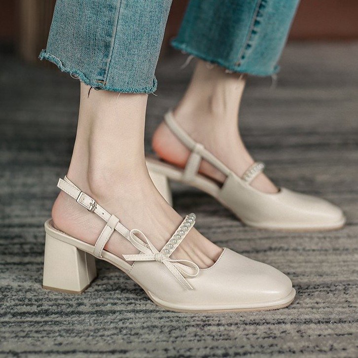 Sandal Cao Gót Đính Nơ Và Ngọc Trai Giả Thời Trang Mùa Hè Mới Cho Nữ