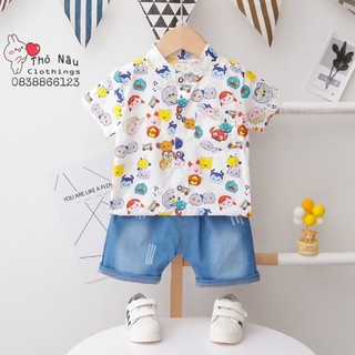 Set sơ mi cộc tay cổ tàu bé trai in hình hoạt hình vui nhộn hè 2021