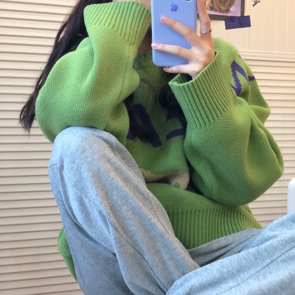 Áo len xanh cổ trong hình gấu dễ thương ulzzang len sợi mỏng phong cách Hàn Quốc