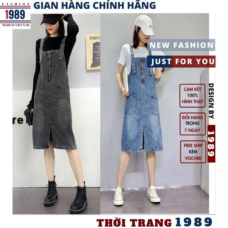 (QUÀ TẶNG LÀ NƯỚC XẢ VẢI)Yếm Váy Jeans Nữ 🌺Chất Bò Phối 2 Túi Trước Kèm Dây Kéo Mang Phong Cách Hàn Quốc 2021 ,TIỆM 1989