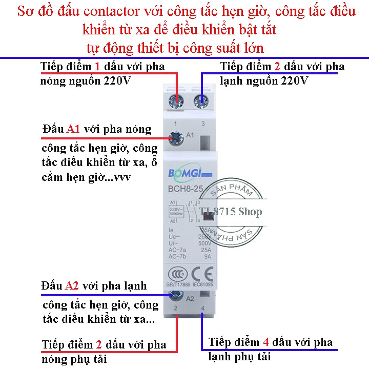 Contactor 63A/220V 2NO BOMGI mini làm tiếp điểm phụ cho công tắc hẹn giờ, công tắc điều khiển từ xa, công tắc wifi