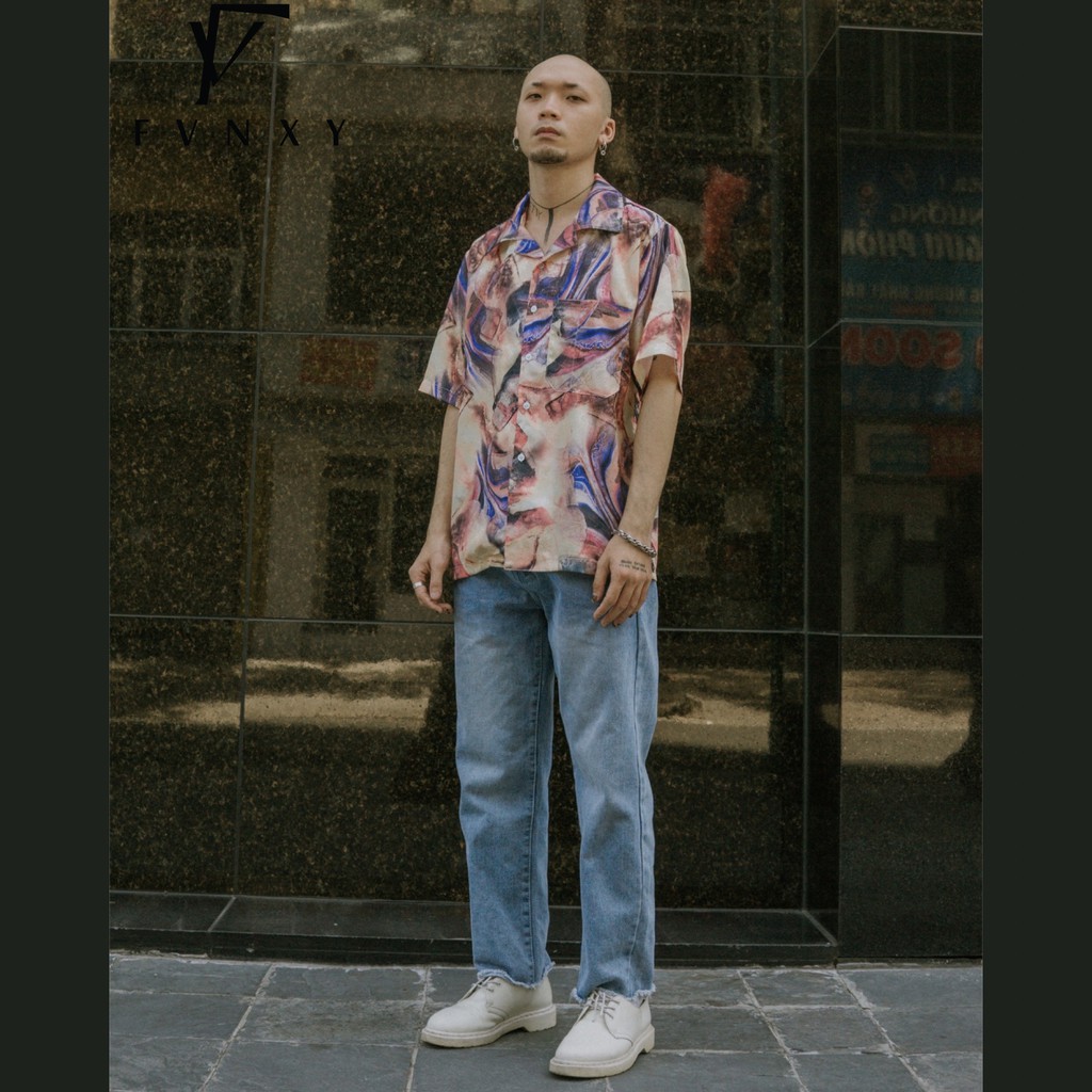 Áo Sơ Mi Ngắn Tay Unisex Form rộng FVNXY Hoạ tiết Lập Thể