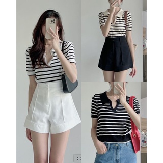 Áo len mỏng mongtoghi cổ polo kẻ ngang dáng ngắn croptop basic Quảng Châu - Ảnh thật Yena Closet
