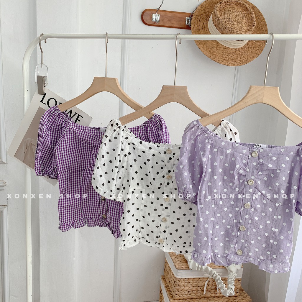 ÁO TRỄ VAI áo bệt vai chấm bi dễ thương nút trước XONXEN SHOP freesize mã 67