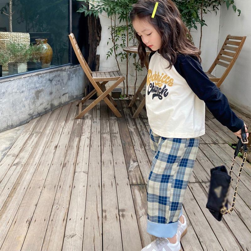 Quần dài lưng thun ống rộng họa tiết sọc caro phong cách Hàn quốc