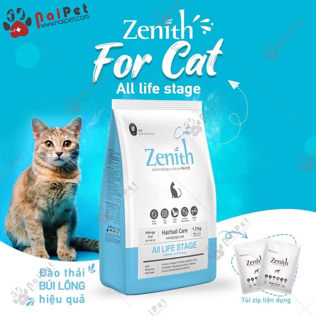 Thức Ăn Hạt Mềm Tiêu Búi Lông Cho Mèo Mọi Lứa Tuổi Cá Hồi Và Gà Hairball Care Zenith