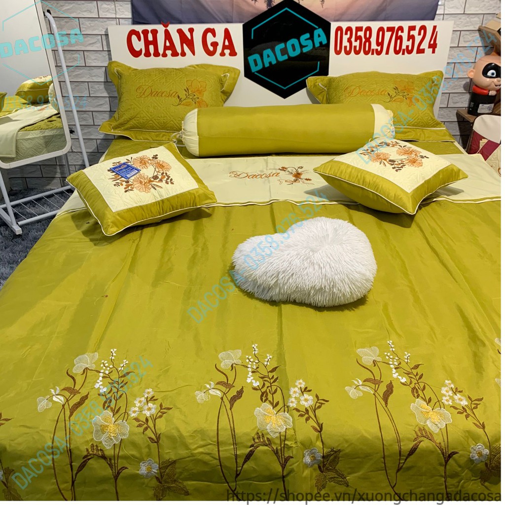 Set chăn ga gối xoa satin vải thêu thương hiệu DACOSA sang trọng