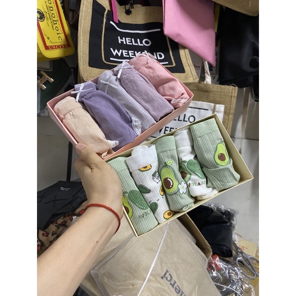 Hộp 5 chiếc Quần Lót Nữ Cotton, Quần chíp nữ gân tăm cạp đính nơ,hình quả bơ,quần lót hộp hạc chất đẹp