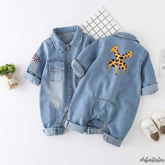 Bộ Áo Liền Quần Vải Denim Tay Dài Cho Bé 3-18 Tháng Tuổi