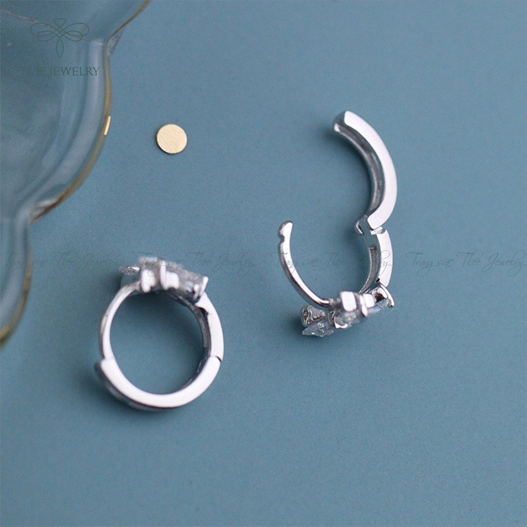 Khuyên tai bạc nữ TLEE nơ chốt bấm nạm đá dáng nữ tính NCJ B0102