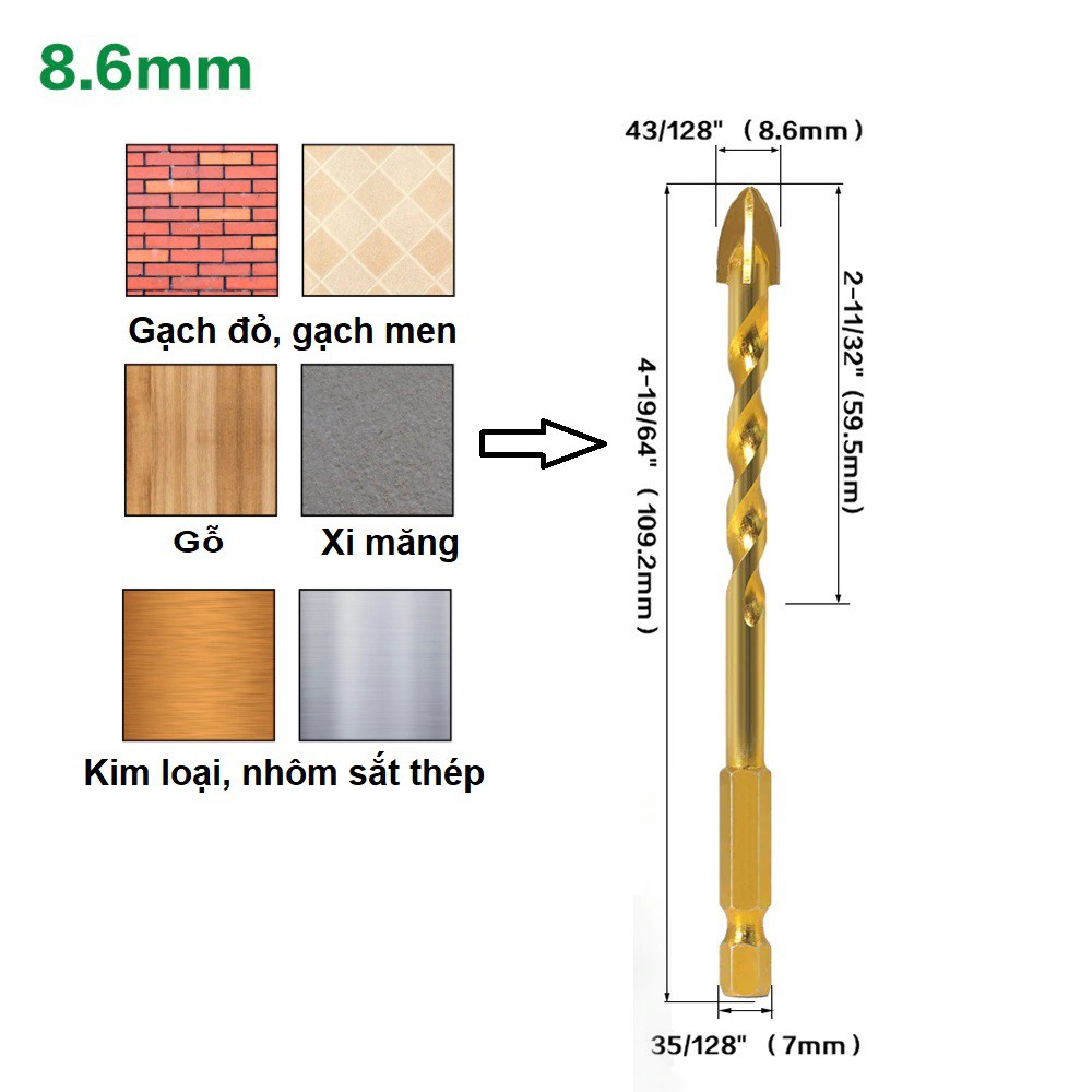 Mũi Khoan Đa Năng Gạch Kính Chữ Thập Loại Tốt - Mũi Khoan Đa Năng Chuôi Lục Giác Mạ Titan 6-12MM (Bán Lẻ 1 Mũi)