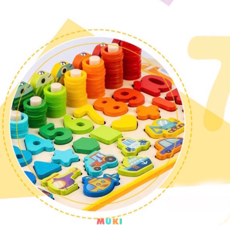 Đồ chơi câu cá bằng gỗ kết hợp nhận biết hình khối, chữ số, phương tiện và số lượng - Busy Bear School Bus