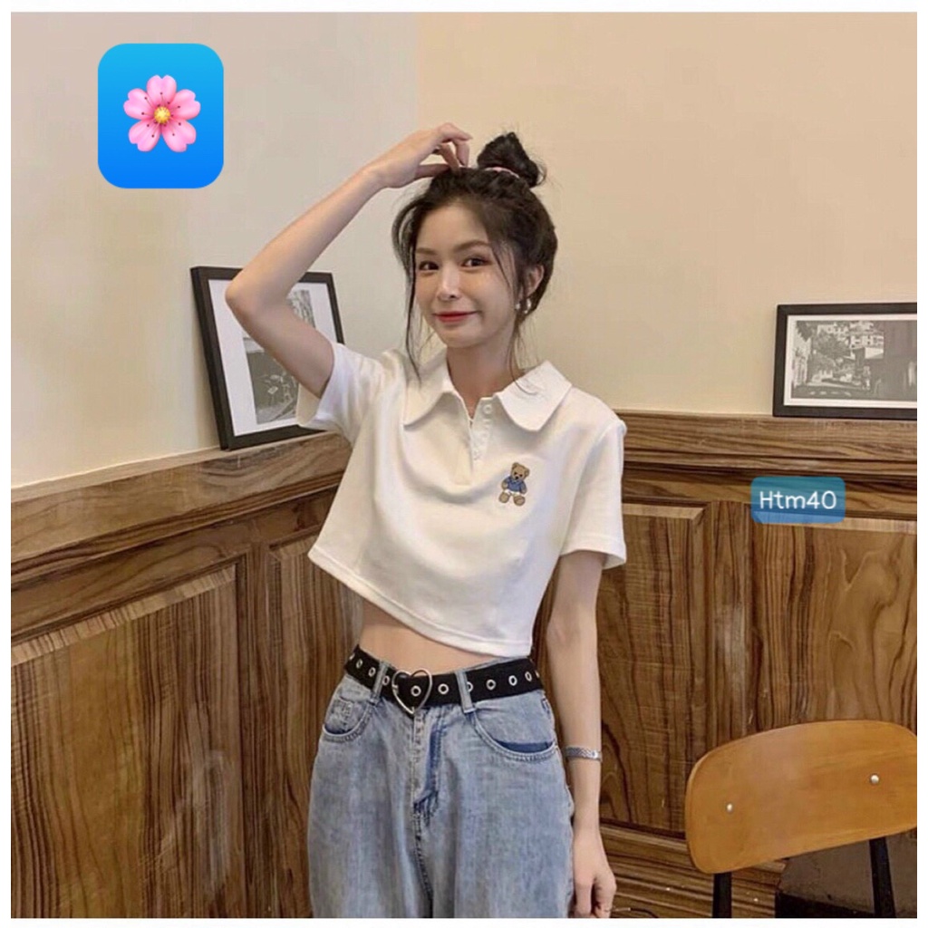 Áo Croptop Kiểu Có Cổ, From Rộng, Thêu Hình Gấu Dễ Thương