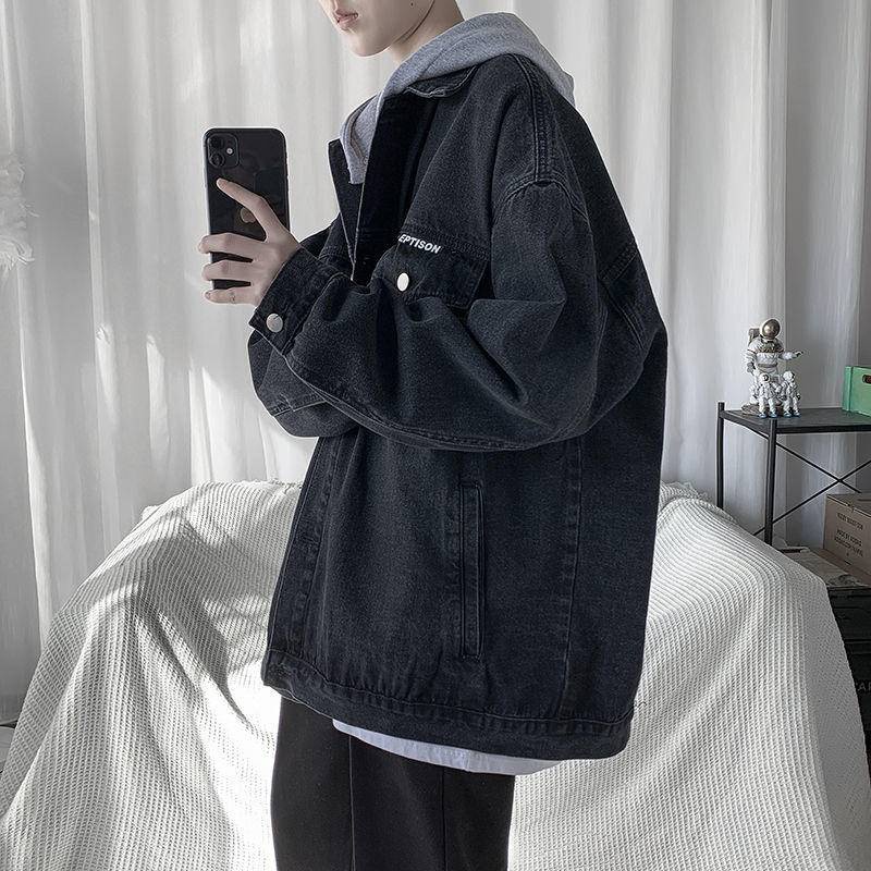 Áo khoác denim dáng rộng có mũ trùm đầu phong cách Hàn Quốc thời trang xuân thu mới cho nam