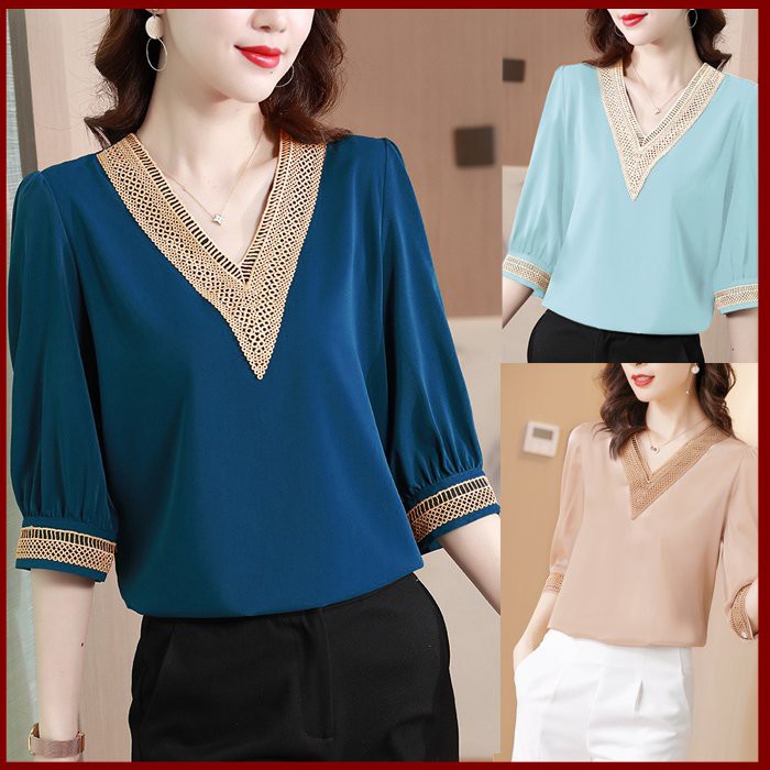 THỜI TRANG CÔNG SỞ - ÁO SƠ MI NỮ DÁNG RỘNG KIỂU ÁO LỤA NỮ CỔ V PHỐI REN 3A10 3A04 3A03