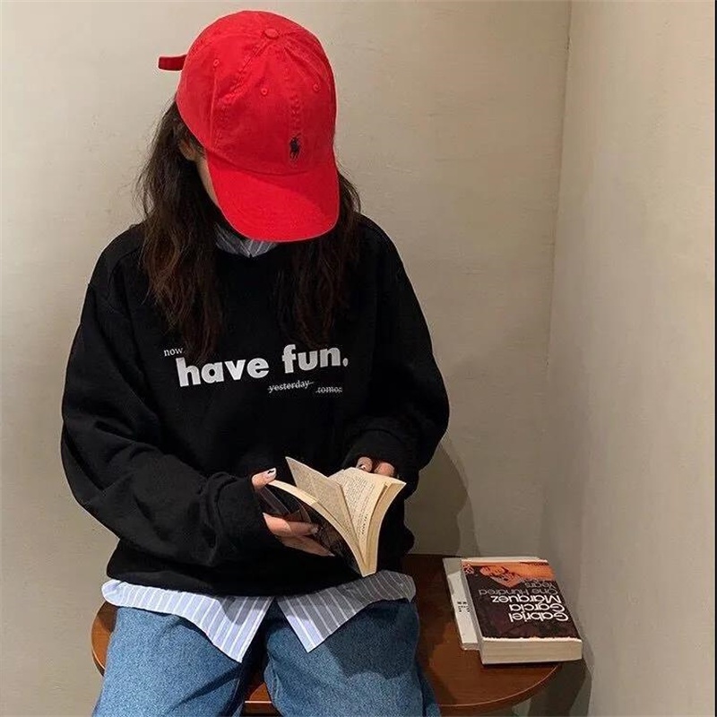 【ZHELIHANGFEI】Áo Thun Nỉ Tay Dài Dáng Rộng In Chữ Trẻ Trung Năng Động Hợp Thời Trang