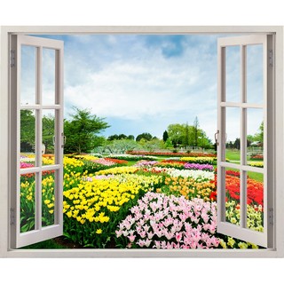 Tranh dán tường cửa sổ 3D VTC vườn hoa sắc màu VT0191 kim sa