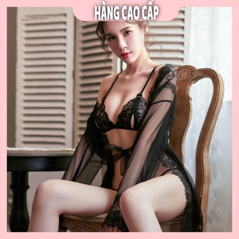 Set ngủ ren sexy áo choàng ngủ ren xuyên thấu kèm chip lọt khe và áo ngực ren | BigBuy360 - bigbuy360.vn