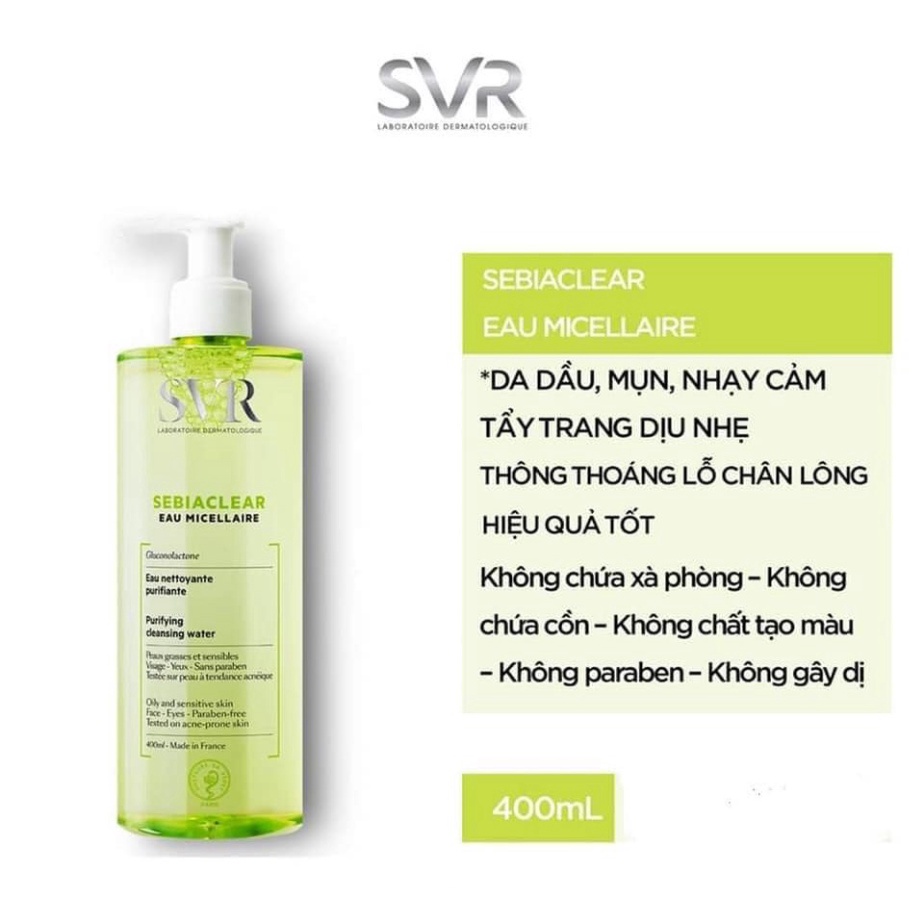 Nước Tẩy Trang SVR SEBIACLEAR Eau Micellaire 75ml - 400ml - Nước Làm Sạch và Giúp Loại Bỏ Dầu Cho Da Mụn
