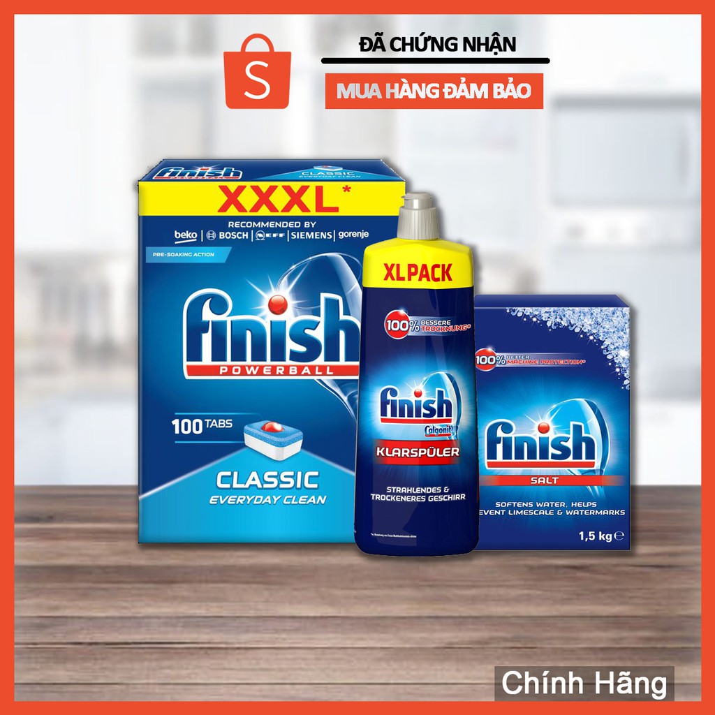 Combo rửa bát Finish Hộp Classic 100 viên, Muối 1.5kg, Nước làm bóng 750ml