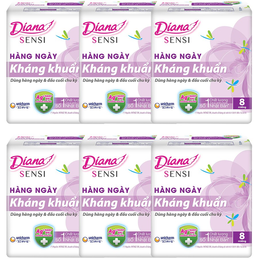 Combo 6 gói Băng vệ sinh hàng ngày Diana Daily gói 8 miếng