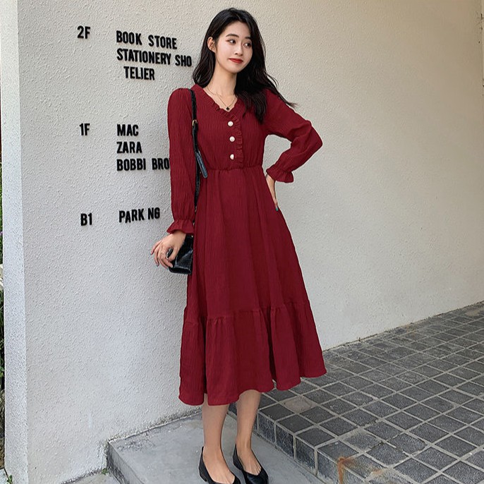 [L&P] Phong cách Hepburn  phong cách mới  váy trắng kiểu Pháp  váy dài tay tính khí thời trang | BigBuy360 - bigbuy360.vn