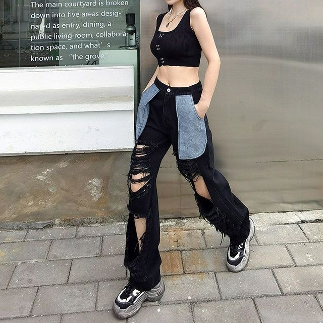 Quần Jeans Nữ Ống Rộng Rách Cá Tính Phong Cách Châu Âu Mới 15 Ngày 2021
