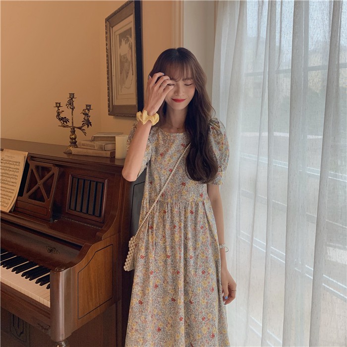 Đầm babydoll hoa nhí có dây buộc eo tay phồng ulzzang  - V14FG