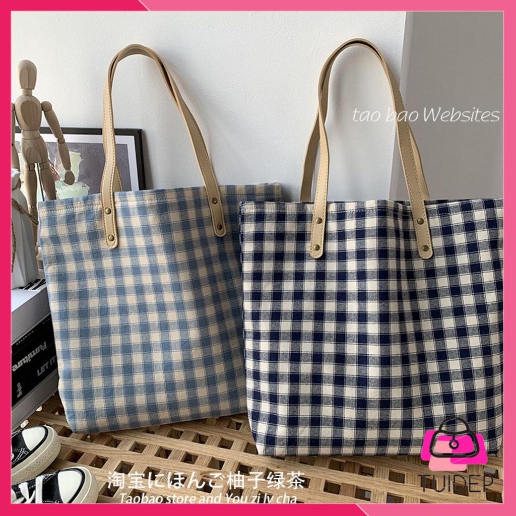 Túi kẻ caro vải canvas dày dặn quai da phong cách Nhật Bản cực xinh xắn mẫu mới 2021