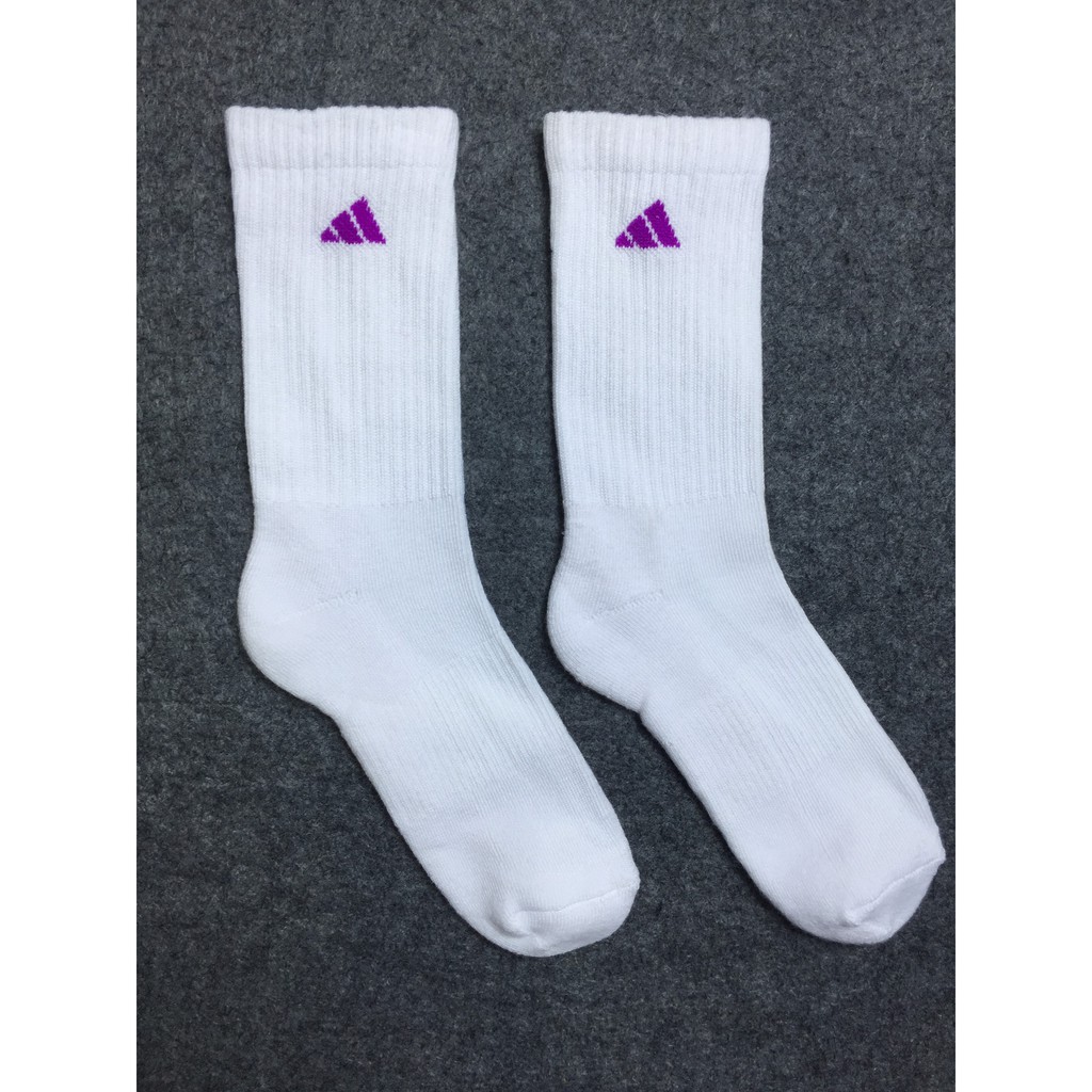 3 Đôi vớ Adidas cao cổ màu trắng logo 3 sọc tím