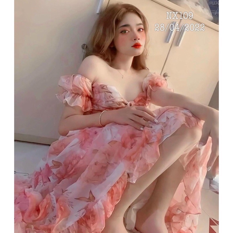 Đầm maxi, váy maxi đi biển hoa nhún ngực hoa hồng